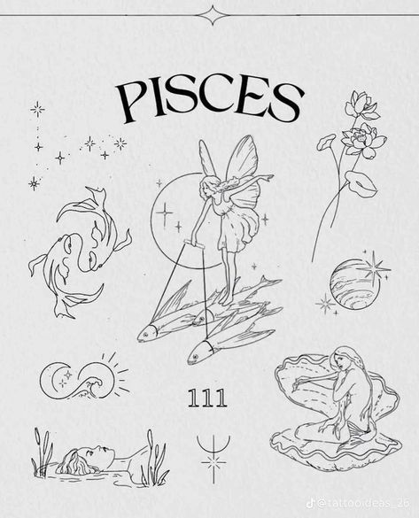 Pisces Patchwork Tattoo, Pisces Simple Tattoo, Pisces Minimal Tattoo, Zodiac Flash Sheet, Minimalist Crystal Tattoo, French Tattoo Ideas Illustration, Cute Pisces Tattoos, Piceses Tattoo Ideas, Pisces And Aries Tattoo