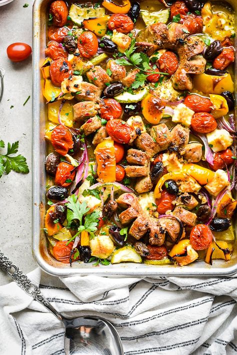 Greek Sausage Sheet Pan Dinner Keto Meals Dinners Crock Pot, Greek Sausage, Italian Style Chicken, Sausage Sheet Pan Dinner, Sausage Sheet Pan, Feta And Olives, Chicken Sausage Recipes, Bratwurst Recipes, Mediterranean Diet Recipes Dinners