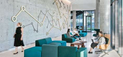 The Lundquist Institute for Biomedical Innovation, Medical Research Laboratory 1 – ZGF Blue Interior Design, Office Lobby, Studios Architecture, Leather Panel, Molecular Structure, Chic Spaces, Interior Design Magazine, Design Magazine, Environmental Graphics