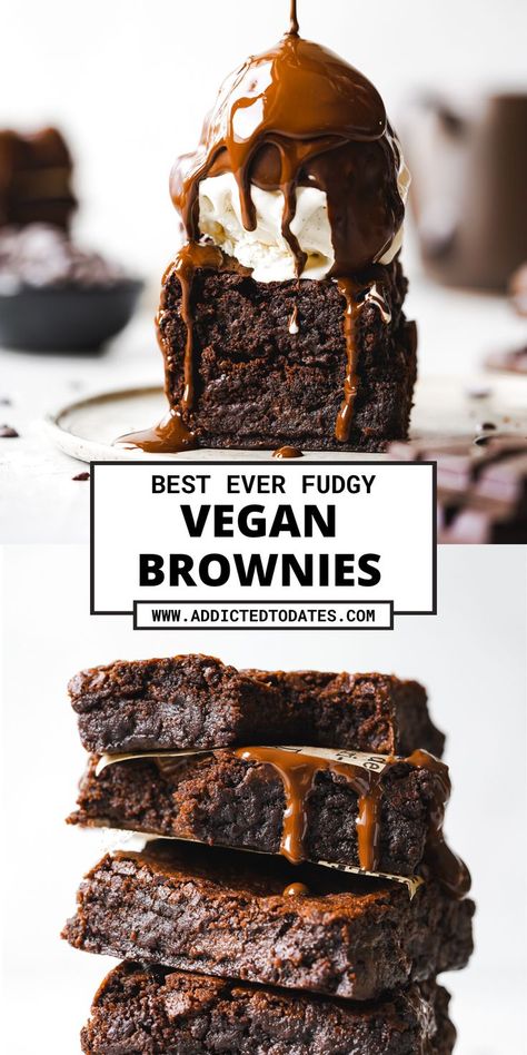 stack of brownies with ice cream and chocolate sauce on top. Vegan Brownies Easy, Fudgy Vegan Brownies, Best Vegan Brownies, Vegan Brownies Recipe, Vegan Tarts, Caramel Dessert Recipes, Vegan Chocolate Recipes, Vegan Brownies, Vegan Cookies Recipes