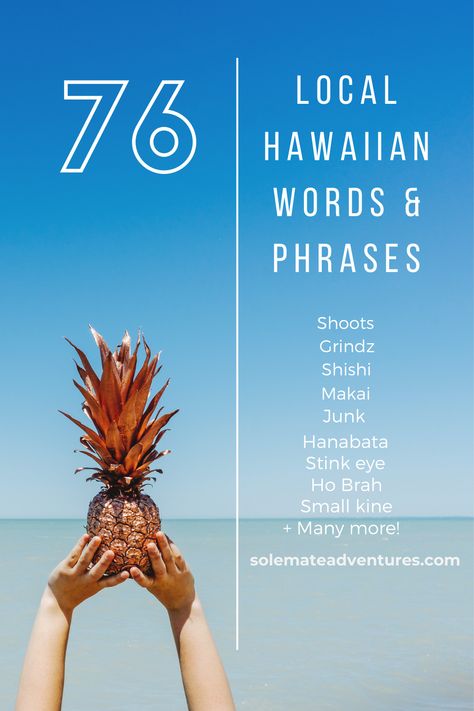 76 Hawaiian Slang Words and Pidgin Phrases You'll Want to Know - A mini dictionary of the most popular and helpful Hawaiian slang words and Pidgin phrases to know for your trip to Hawaii! #hawaii #pidgin Hawaii Words And Meanings, Hawaii Words, Hawaii Language, Hawaiian Words And Meanings, Merry Christmas In Hawaiian, Hawaiian Words, Hawaiian Phrases, Pidgin Quotes, Hawaii Living