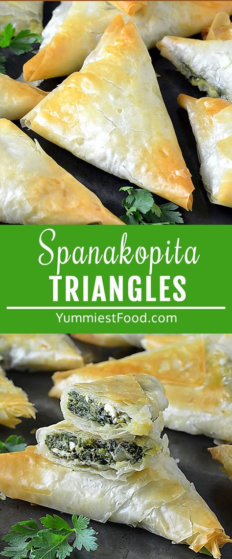 Spanakopita Triangles Recipe, Spanakopita Triangles, Phyllo Appetizers, Greek Pastry, Spanakopita Recipe, Phyllo Dough Recipes, Phyllo Recipes, Greek Pastries, Greek Appetizers