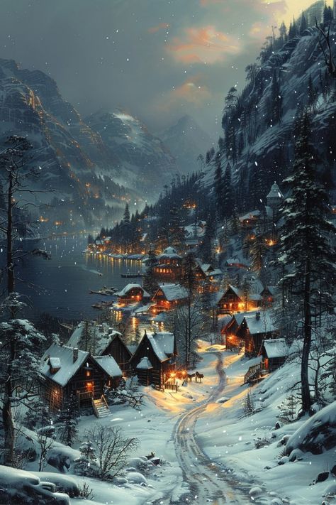 Winter Landscape Mountains, Winter Landscape Aesthetic, Christmas Aesthetic Landscape, Snowy Mountains Aesthetic, Winter Fantasy Art, Winter Mountain Painting, Snow Aesthetic Wallpaper, Snowy Mountains Painting, Winter Village Painting