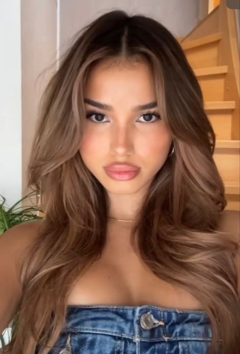 Light Brown Hair Inspo Brunettes, Brown Eyed Hair Color Ideas, Hair Dye Ideas Olive Skin, Dark Blonde On Brown Skin, Hair Dye Ideas For Brown Skin Tone, Medium Tan Skin Hair Color, Hair Inspiration Light Brown, Light Brown Hair On Olive Skin, Latte Brown Hair With Highlights