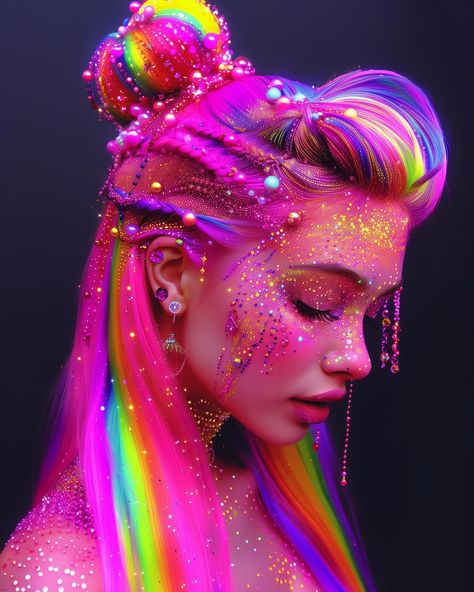 Inspired by the stunning drippy gems and beautiful hairstyles from @studioslayla , I couldn’t resist adding my own Lisa Frank twist to this set! ✨💎💖 #ArtInspiration #LisaFrankStyle #ColorfulCreations Lisa Frank Fashion, Lisa Frank Halloween Costume, Lisa Frank Outfit, Flashy Makeup, Lisa Frank Costume, Lisa Frank Aesthetic, Lisa Frank Halloween, Lisa Frank Birthday Party, Wonderland Artwork