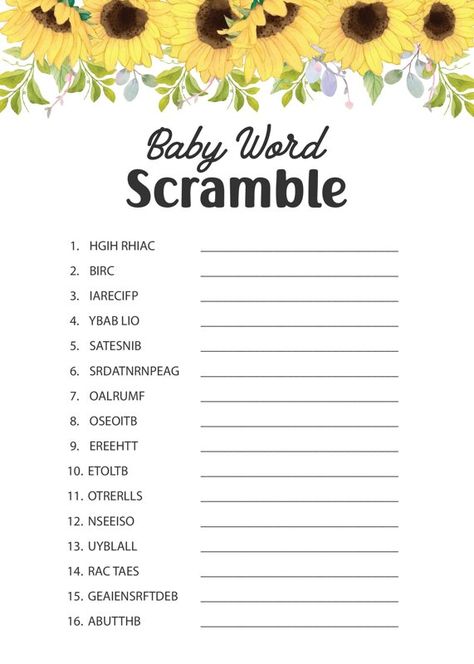 Baby Shower Scramble, Daisy Birthday, Scramble Game, Sunflower Party, Word Search Games, Baby Word Scramble, Bee Baby Shower Theme, Challenging Games, Bee Baby