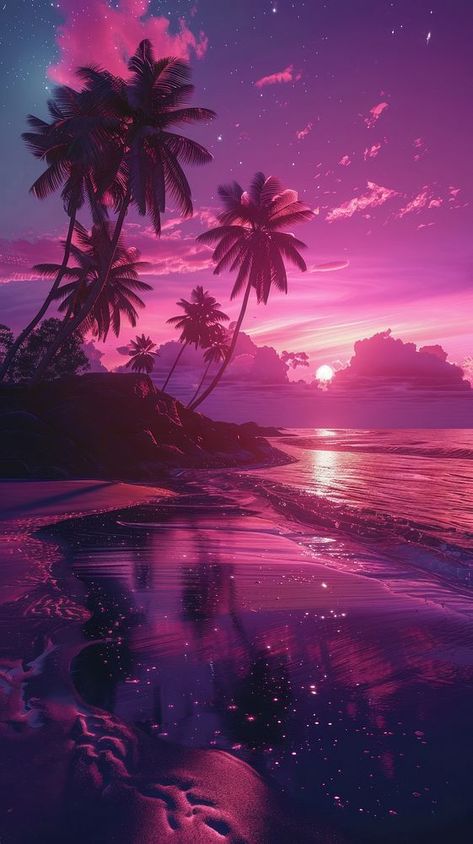 Neon beach shoreline astronomy. | free image by rawpixel.com Purple Beach Aesthetic Wallpaper, Ocean Aesthetic Purple, Trippy Beach Aesthetic, Pink And Purple Sunset Aesthetic, Dark Black Wallpaper, Purple Beach Sunset, Sunset City, Cool Pixel Art, Bling Wallpaper