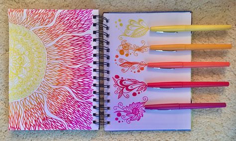 New sunset zentangle with Papermate Flair pens Flair Pen Art, Sunset Zentangle, Papermate Flair Pens, Doodle Journal, Easy Drawing Ideas, Flair Pens, Arts And Crafts For Adults, Yummy Desserts Easy, Desserts Easy