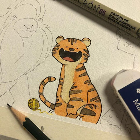 Aesthetic Tiger Drawing, Tiger Drawings Easy, Tiger Doodle Cute, Bengal Tiger Illustration, Tiger Cute Art, Cartoon Art Simple, How To Draw A Tiger, Tiger Drawing Simple, Simple Tiger Drawing