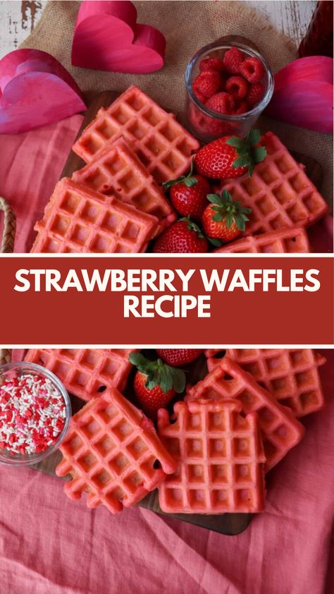 Strawberry Waffles recipe made of fresh strawberries, flour, eggs, and milk serves 6 takes about 30 minutes to prepare and cook, creating a delightful breakfast option for any day. These waffles are visually appealing with a lovely pink color, sure to brighten your morning! Strawberry Shortcake Waffles, Strawberry Waffles Recipe, Stuffed Waffles Recipe, Breakfast With Strawberries, Raspberry Waffles, Pink Waffles, Fruit Waffles, Breakfast Rotation, Stuffed Waffles