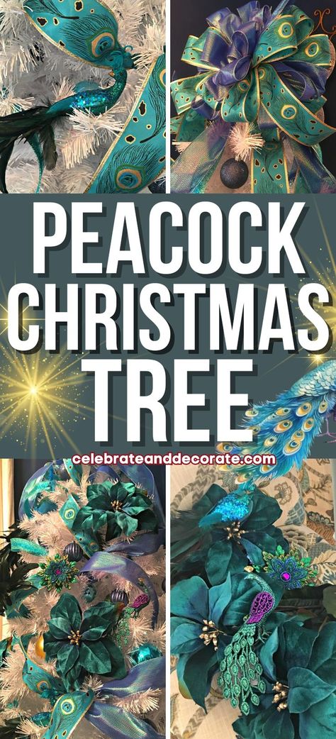 Here's how to decorate a fun and festive peacock Christmas tree! DIY Christmas tree theme that will be loved by everyone! Peacock Christmas Decorations, Diy Peacock, Peacock Christmas Tree, Christmas Tree Theme, Peacock Crafts, Peacock Ornaments, Christmas Tree And Fireplace, Peacock Christmas, Tree Theme