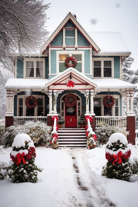 How to Create Stunning Christmas Curb Appeal: 12 Holiday Scenes Christmas Houses Exterior, Christmas House Exterior Decoration, Christmas Victorian House, Victorian Cottage Exterior, Christmas Decor Exterior, Winter Home Exterior, Christmas House Exterior, Hall Ideas, Gorgeous Homes