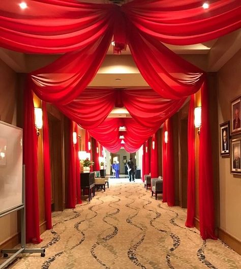 draping for little hallway Drape Fabric From Ceiling, Fabric Ceiling Design, Draping Fabric From Ceiling, Fabric Ceiling Ideas, Drape Ceiling, Ceiling Draping Wedding, Ceiling Rafters, House Front Wall Design, Ceiling Drapes