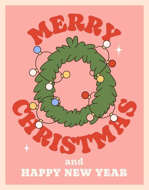 Merry Christmas and Happy new year. Hippie groovy poster with spruce wreath and garland. On trendy style with a 70's vibes. Natal, Cute Christmas Graphics, Merry Christmas Poster Design Ideas, Christmas Posters Ideas, Christmas Posters Design, Cute Christmas Posters, Christmas Poster Illustration, Christmas Posters Aesthetic, Merry Christmas Illustration Design