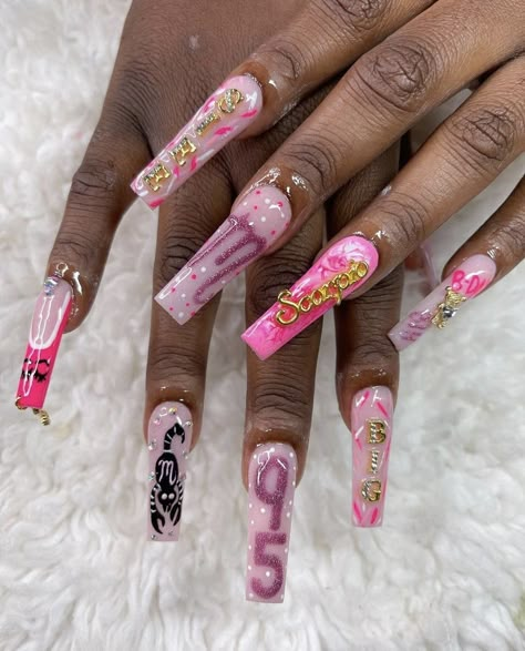 Birthday Nail Set Scorpio, Birthday Nails For Scorpio, Birthday Nail Designs Scorpio, Scorpio Zodiac Nails Acrylic, Pink Zodiac Nails, Scorpio Acrylic Nails Designs, Scorpio Birthday Outfit Ideas, Scorpio Nails Acrylic Design, Pink Scorpio Nails