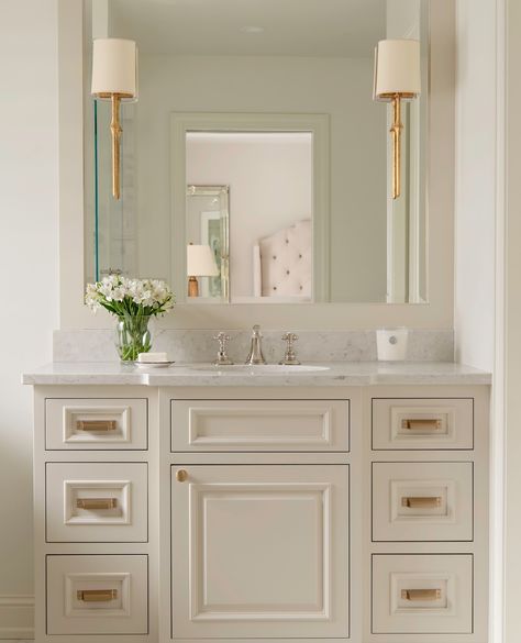 Interior Design Studio (@kiplinghouseinteriors) • Instagram photos and videos Sconces On Bathroom Mirror, Bathroom Mirror With Sconces On Mirror, Traditional White Bathroom Vanity, Master Make Up Vanity, Traditional Vanity Bathroom, Creamy White Bathroom Vanity, Master Bath Hardware, Sconces In Mirror Bathroom, Ivory Bathroom Vanity