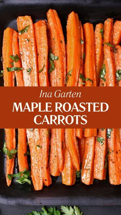 Ina Garten Maple Roasted Carrots feature six large carrots glazed with a mix of olive oil and maple syrup. Ready in 30 minutes at 400°F, it’s a tasty side for any meal. Roasted Carrot Thanksgiving, Side Dishes With Carrots, Pioneer Woman Spicy Maple Roasted Carrots, Ina Garten Thanksgiving Sides, Ina Garden Thanksgiving Sides, Roasted Carrots With Maple Syrup, Small Carrots Recipe, Maple Roasted Veggies, Best Roast Carrots