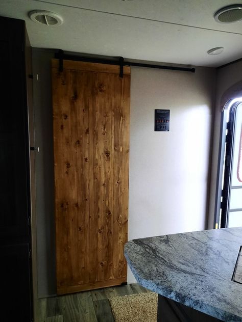 Replaced rv door with homemade barn door. Rv Barn, Camper Renovations, Rv Interior Design, Rv Inspiration, 5th Wheel Camper, Camper Reno, Rv Door, Rv Bathroom, Camper Renovation