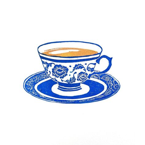 Camille Villanueva on Instagram: “good morning, friends. 🌞 here’s some tea. 🍵 . . . #printmaking #blockprinting #linoleum #linocut #stampart #art #artober #printober #inktober #speedball #ink #handmade Tea Cup Linocut, Print Stamp Design, Coffee Illustrations, Tea Print, Tea Illustration, Coffee Illustration, Coffee Poster, Cup Art, Printed Cups