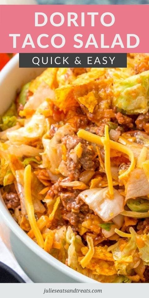 Make a Dorito Taco Salad for your next potluck, backyard party or for dinner. Loaded with flavor from the ground beef, lettuce, cheese, onions, tomatoes and Nacho Cheese Doritios and then covered with Catalina dressing. This quick and easy salad recipe is always a hit! #taco #salad Doritos Salad, Doritos Taco Salad, Dorito Taco Salad, Dorito Taco, Easy Taco Salad Recipe, Taco Salad Doritos, Catalina Dressing, Mexican Salad, Taco Salads