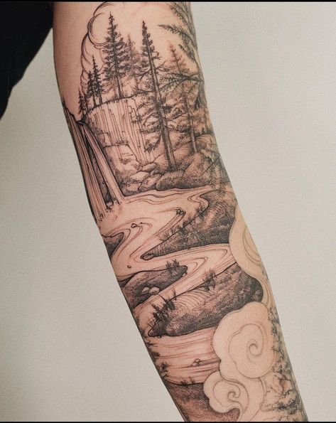 Creek Tattoo Ideas, Lake Sleeve Tattoo, Forest Inspired Tattoo Sleeve, Mountain Themed Tattoos, Nature Landscape Tattoo, Fine Line Scenery Tattoo, Walk On Water Tattoo, Ecosystem Tattoo, Bayou Tattoo