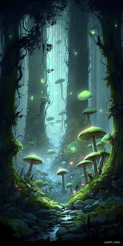 Fantasy Illustration Art Imagination, Fantasy Background Magic Scenery, Magical Forest Illustration, Feywild Aesthetic, Mystical Forest Art, Fantasy Mushroom Forest, Magical Forest Aesthetic, Wald Wallpaper, Painting Fantasy Art