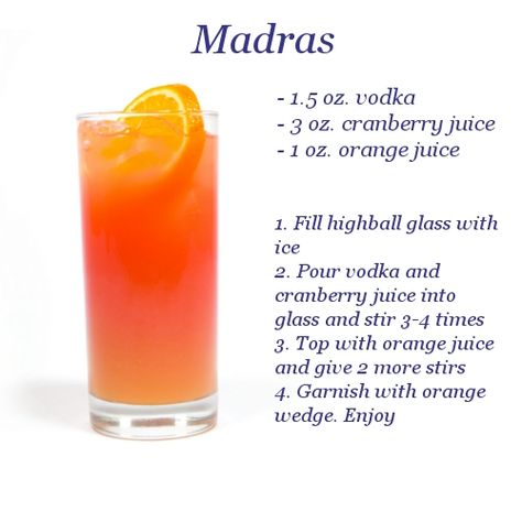 Madras Drink, Orange Vodka, Cocktail Drinks Alcoholic, Holguin, Liquor Drinks, Boozy Drinks, Absolut Vodka, Vodka Drinks, Cocktail Drinks Recipes