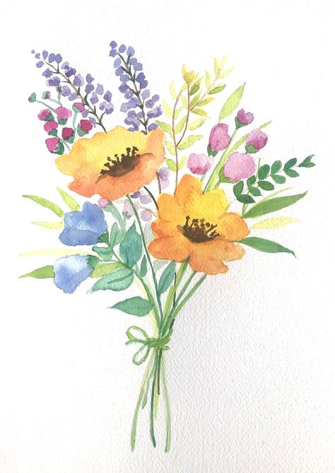 Bouquet Of Flowers Drawing Paintings, Flower Acrilic Paintings Ideas, Watercolor Flowers With Pen Outline, Flower Watercolor Illustration, Watercolor Flower Arrangements, Simple Floral Painting Ideas, Simple Watercolor Flowers For Beginners, Watercolor Small Paintings, Wildflower Watercolor Painting