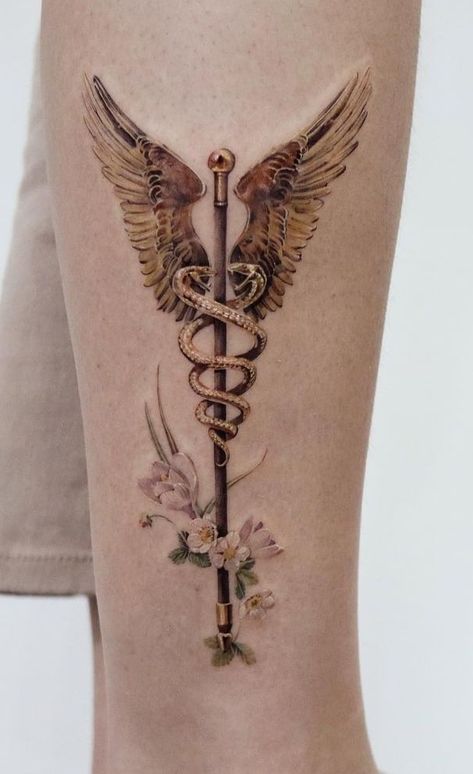 Veterinarian Tattoo, Healthcare Tattoo, A Snake Tattoo, Hermes Tattoo, Caduceus Tattoo, Snake Tattoo Meaning, Ems Tattoos, Nurse Tattoo, Medical Tattoo