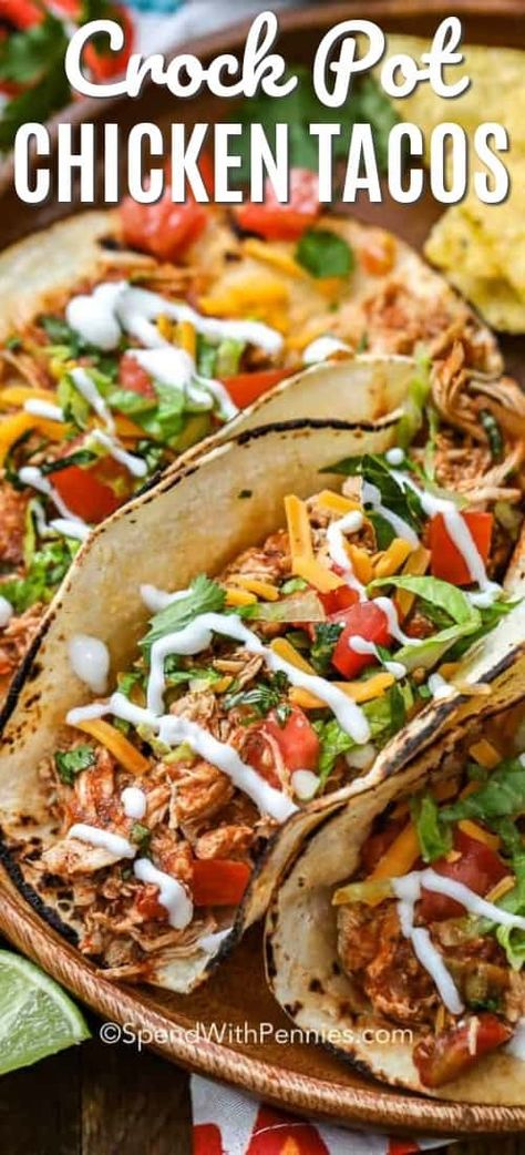 CrockPot Chicken Tacos are an easy family favorite meal! A handful of ingredients tossed into the slow cooker makes the most tender flavorful chicken for tacos! #spendwithpennies #chickentacos #crockpot #slowcooker #chickenburritos #chickennachos #chickenenchiladas #easyrecipe #easymeal #weeknightmeal Crock Pot Chicken Taco Recipes, Crockpot Chicken For Nachos, Mexican Chicken Tacos Crockpot, Shredded Chicken For Tacos Crockpot, Slow Cooker Queso Chicken Tacos, Chicken Tacos Recipe Shredded Crockpot, Shredded Chicken Tacos Crockpot Easy, Chicken Taco Meat Crockpot, Crockpot Chicken Tacos 3 Ingredient