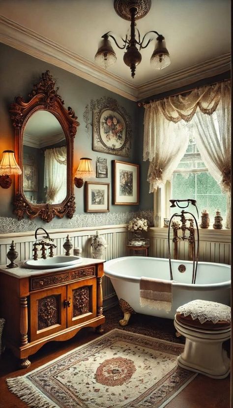 15+ Cute Bathroom Designs for a Stylish Update 20 Bathroom Decor Old Bathroom, Antique Bathroom Fixtures, Old English Bathroom, Small Victorian Bathroom Ideas, Vintage Restroom Decor Ideas, Victorian Restroom, Nancy Meyers Bathroom Aesthetic, Edwardian Bathroom Ideas, Victorian Farmhouse Bathroom