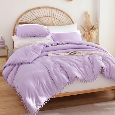 PRICES MAY VARY. FULL SIZE: Lavender purple color pom pom comforter set include 1 blue comforter (79 inches x 90 inches), 2 pillowcases (20 inches x 26 inches). SPECIAL MATERIAL & TECHNIQUE: 100% brushed microfiber and the unique stone-washed productive process make this purple color comforter set softer. The special stitching technique makes the ball tassel on the quilt durable and will not fall off easily. UNIQUE DESIGN: The purple ball poms fringe sewn on the four sides of purple bedding quil Lavender Comforter, Purple Comforter Set, Purple Comforter, Bohemian Bedding Sets, Purple Room Decor, Bedroom Purple, Boho Duvet Cover, Boho Duvet, Purple Bedrooms