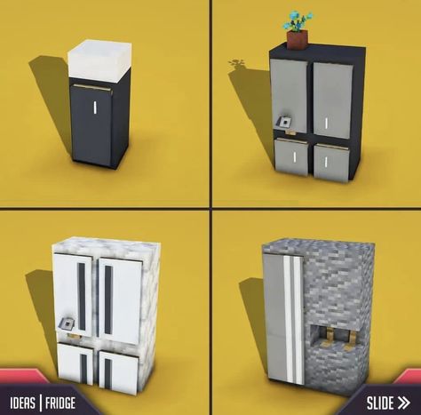 Original imagine found on instagram by gamabuild Minecraft Vanity Ideas, Minecraft Register, Minecraft Pizza Oven, How To Make A Fridge In Minecraft, Minecraft Fridge Ideas, Fridge Minecraft, Minecraft Closet, Minecraft Fridge, Minecraft Mobile