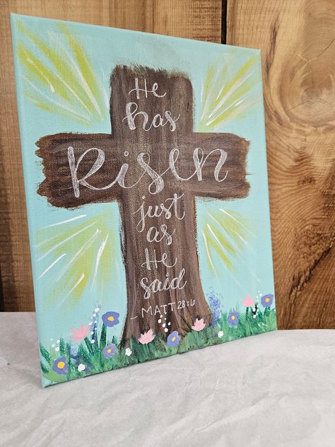 Easter Ideas For Kids Crafts, Easy Easter Painting Ideas, Painting Ideas Christian Easy, Easter Cross Decor, Cute Easter Paintings, Cute Christian Painting Ideas, Easy Easter Paintings On Canvas, Easter Painting For Kids, Cute Christian Paintings On Canvas Easy