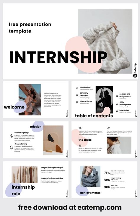 Internship Presentation Template - Free PowerPoint Templates, Google Slides, Figma Deck And Resume Internship Presentation Design, Figma Presentation Design, Illustrative Journal, Google Slides Templates Aesthetic, Internship Presentation, Google Slides Aesthetic, Presentation Aesthetic, Best Presentation Templates, Free Ppt Template