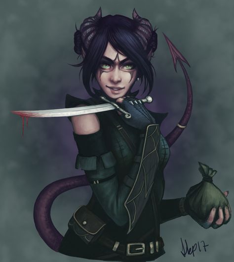 Tiefling Rogue Illustration, Linn Kristine Pettersen on ArtStation at https://www.artstation.com/artwork/OZZWw Tiefling Rogue, Tiefling Female, Rogue Character, Arcane Trickster, Pathfinder Character, Roleplay Characters, Fantasy Portraits, Fantasy Races, Dungeons And Dragons Characters