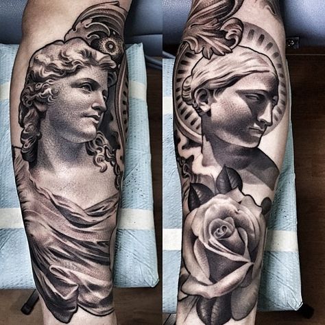 Amazing artist Lil B Hernandez friend tattoo portraits. Statue Tattoos, Lil B Tattoo, Different Styles Of Tattoos, Ancient Art Tattoo, Black And Grey Tattoo, Statue Tattoo, Forarm Tattoos, Facial Tattoos, Religious Tattoos