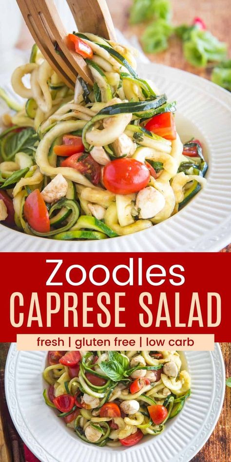 Zoodles Caprese Salad - a light and healthy low carb, gluten free side dish or vegetarian meal. It's the classic combination of tomatoes, fresh mozzarella, and basil tossed with zucchini noodles in a simple balsamic dressing. So easy to make with only a few simple ingredients. Healthy Caprese, Zucchini Noodle Recipes Healthy, Fresh Mozzarella Recipe, Homemade Gluten Free Pasta, Zucchini Side Dish Recipes, Zucchini Noodles Salad, Zucchini Side Dishes, Summer Flavors, Caprese Pasta Salad