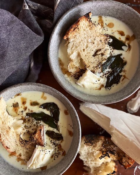 Brie Soup with Brown Butter Sage — Daniela's Dish Brie Soup, Butter Soup, Brown Butter Sage, Fried Sage, Zucchini Crisps, Cozy Soup, Dinner Vegetarian, Food Holidays, Parmesan Zucchini