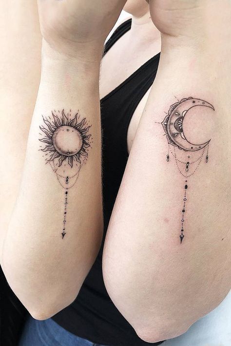 The Sun And The Moon Tattoos #sunandmoontattoo #suntattoo #moontattoo ★ Matching and meaningful best friend tattoos to spice up your unique bond. ★ #tattooforfriends #bestfriendstattoo #friendstattoo #matchingtattoo #tattooideas #glaminati Meaningful Best Friend Tattoos, Sun And Moon Tattoos, Cute Best Friend Tattoos, Matching Bff Tattoos, Matching Friend Tattoos, Tattoo Placements, Matching Best Friend Tattoos, Bestie Tattoo, Moon Tattoos