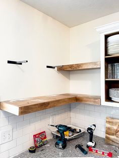 Diy Floating Shelves Kitchen, Corner Kitchen Shelves, Floating Kitchen, Diy Kitchen Shelves, Kitchen Floating Shelves, Floating Corner Shelves, Floating Shelves Kitchen, Build Floating Shelves, Open Kitchen Shelves