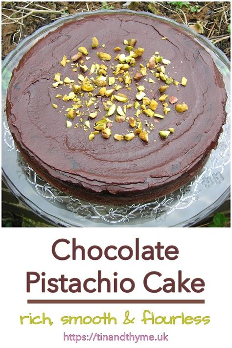 Chocolate Pistachio Cake. Rich, smooth and flourless, this chocolate pistachio cake makes for a decadent dessert. The gluten-free base is topped with a dark chocolate ganache. #TinandThyme #ChocolateCake #ChocolateGanache #GlutenFree #PistachioCake Flourless Pistachio Cake, Pistachio Chocolate Cake, Gluten Free Mint Chocolate Cake, Eggless Pistachio Cake, Flourless Pistachio Cake With Chocolate Ganache, Vegan Pistachio Cake, Chocolate Pistachio Cake, Flowerless Chocolate Cake, Flourless Chocolate Torte With Ganache