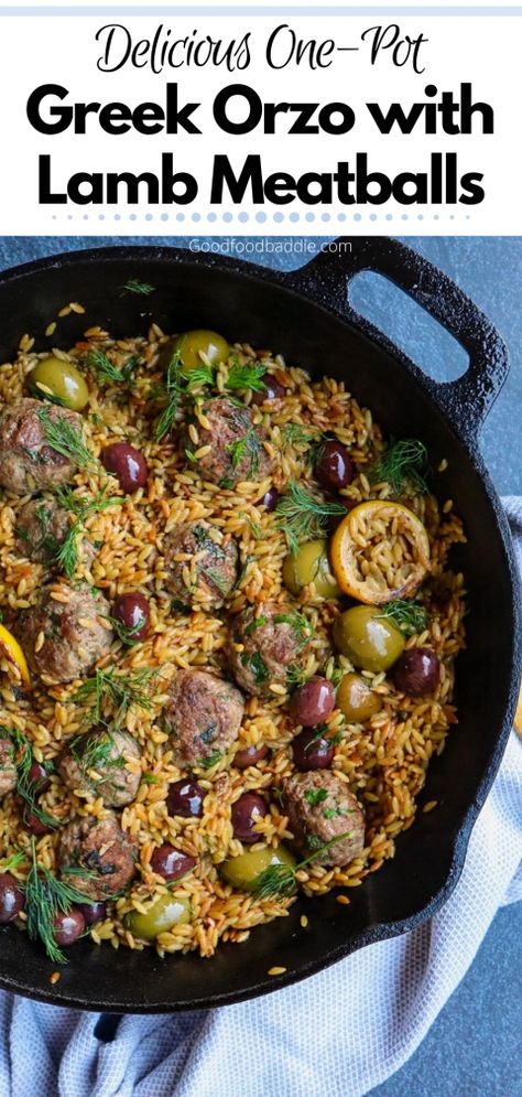 greek orzo with lamb meatballs Lamb Meatballs Greek, Food Baddie, Greek Orzo, Meatball Dinner, Roasted Red Pepper Hummus, Vegan Recipes Plant Based, Orzo Recipes, Lamb Meatballs, Lamb Dishes