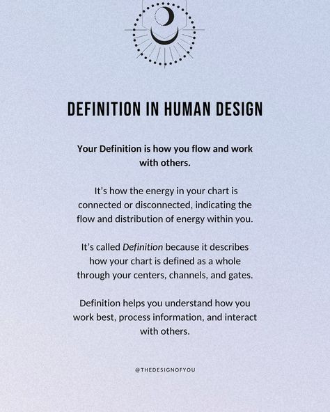 Let’s talk about Definition in Human Design! Your definition is how you flow and work with others. It’s how the energy in your chart is connected or disconnected, indicating the flow and distribution of energy within you💫 Definition helps you understand how you work best, process information, and interact with others🤗 There are 5 different Definitions in HD: ⚡️Single/Independent Definition ⚡️Split/Collaborative Definition ⚡️Triple Split/Synthesizing Definition ⚡️Quadruple Split/Subjective ... Human Design Definition, Split Definition Human Design, Design Definition, Human Design System, Human Design, Design System, The Energy, Projector, Talk About