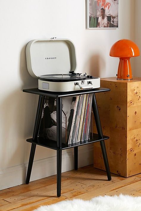 Record Player Storage, Record Player Setup, Modern Record Player, Record Player Table, Vinyl Record Display, Record Player Stand, Metal Bookshelf, Modern Wall Shelf, Uo Home