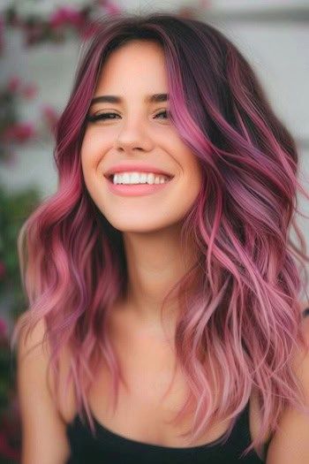 31 Irresistible Pink Hair Color Ideas You Need To Try - The Hairstyle Edit Pink Undercolor Hair, Brunettes With Pink Highlights, Colorful Professional Hair, Pink Hair Vibrant, Colorful Brown Hair, Brown And Pastel Pink Hair, Rose Gold Money Piece Hair Brunette, Passion Berry Hair Color, Colorful Highlights In Black Hair