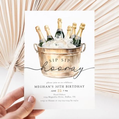 $2.92 | Watercolor Champagne Sip Sip Hooray Birthday Party #birthday party invitations, sip sip hooray, champagne, gold, modern, wine adult birthday invite, watercolor, elegant, calligraphy script, unique trendy chic Bubbly Birthday Party, Champagne 40th Birthday Party, Champagne Birthday Ideas Themed Parties, Champagne Party Ideas Decorations, Champagne Themed Party, Champagne Theme Birthday Party, Champagne Birthday Ideas, Champagne Birthday Party Theme, Champagne Theme Party