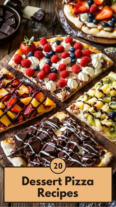 A dessert pizzas topped with various fruits, chocolate, and sweet sauces on a rustic wooden table. Dq Treat Pizza, Dessert Flatbread Recipes, Desserts To Go With Pizza, Dessert Cookie Pizza, Sweet Pizza Recipes, Sweet Pizza Desserts, Desert Pizza Recipes Simple, Pizza Dessert Ideas, Brownie Pizza Dessert