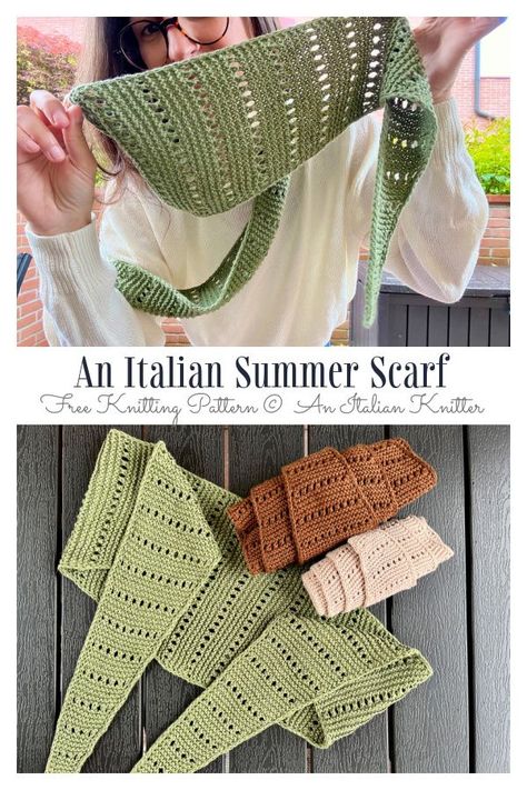 Italian Summer Scarf Free Knitting Pattern Summer Knitting Projects, Shawlette Pattern, Glove Pattern, Crochet Gloves Pattern, Knitting Patterns Free Scarf, Cowl Knitting Pattern, Summer Scarf, Shawl Knitting Patterns, Shawl Patterns