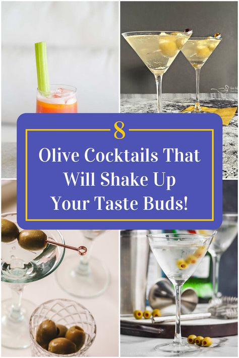 Collage of 4 olive cocktails. Cocktails With Olives, Olive Juice Recipe, Drinks With Olives, Salty Cocktails, Savory Drinks, Savory Cocktails, Olive Cocktail, Olive Brine, Spanish Olives